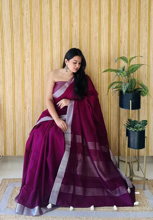 Beautiful_Wine_Colour_Saree_With_Silver_Jari_Border