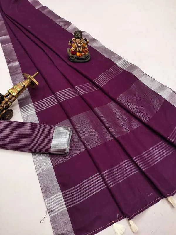 Beautiful_Wine_Colour_Saree_With_Silver_Jari_Border