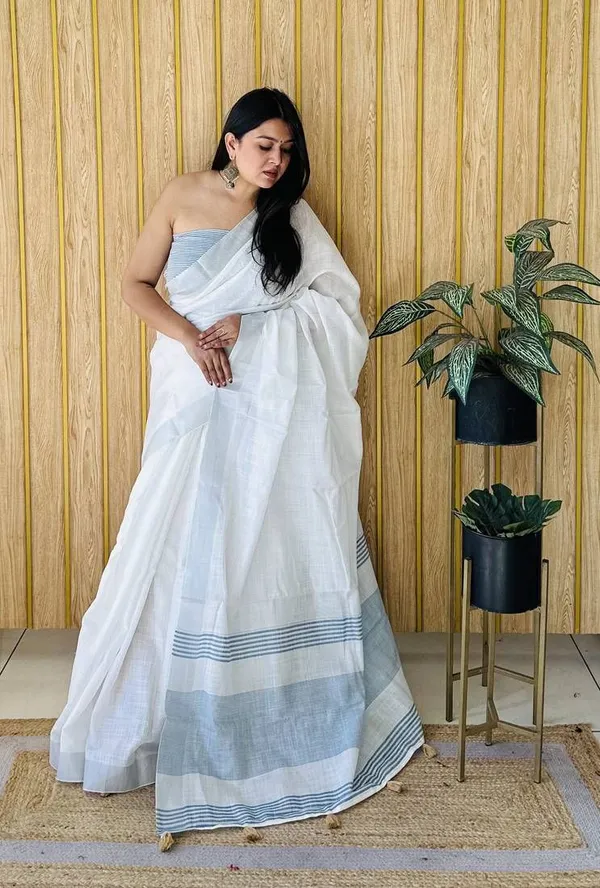 Pure_White_Linen_And_Blue_Saree_Premium_Collection