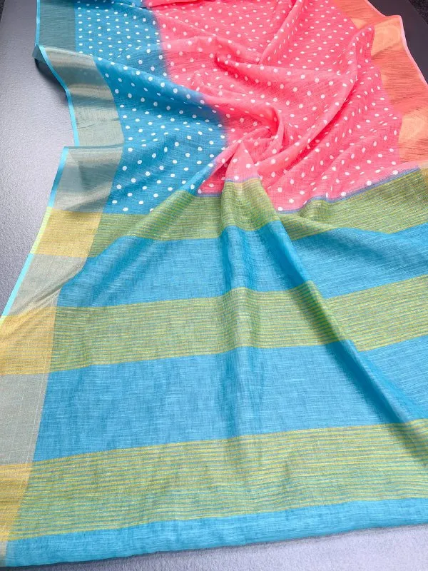 Pink_&_Blue_Premium_Linen_Cotton_Saree_With_Golden_Zari_Border_With_Blouse_For_Women