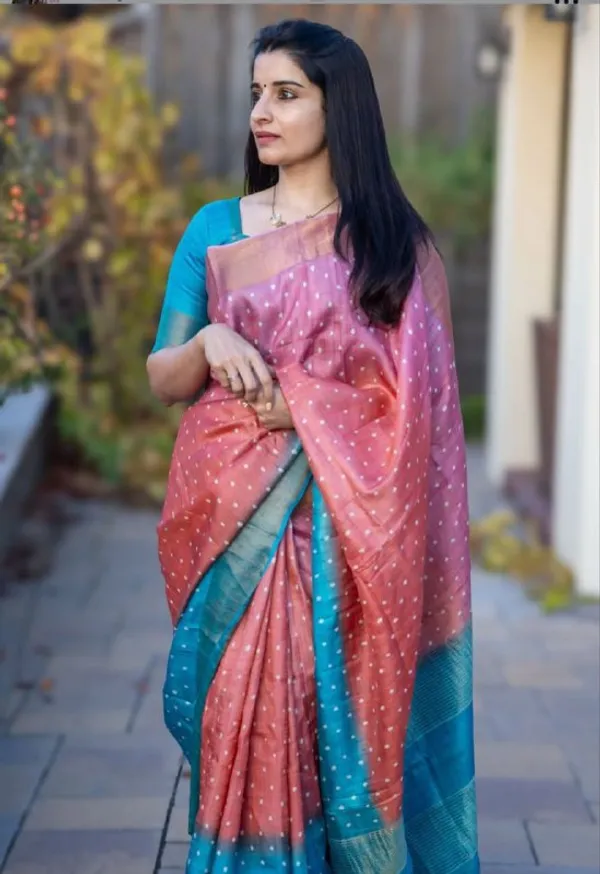 Pink_&_Blue_Premium_Linen_Cotton_Saree_With_Golden_Zari_Border_With_Blouse_For_Women