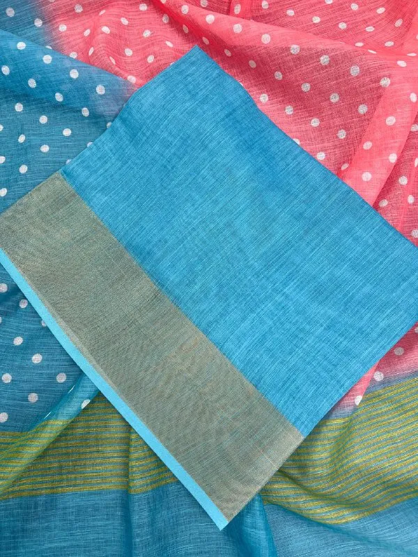 Pink_&_Blue_Premium_Linen_Cotton_Saree_With_Golden_Zari_Border_With_Blouse_For_Women