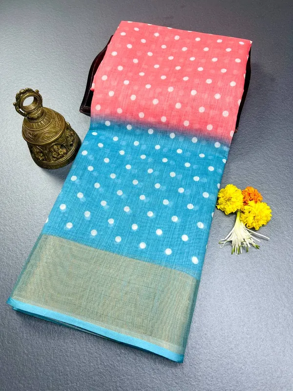 Pink_&_Blue_Premium_Linen_Cotton_Saree_With_Golden_Zari_Border_With_Blouse_For_Women