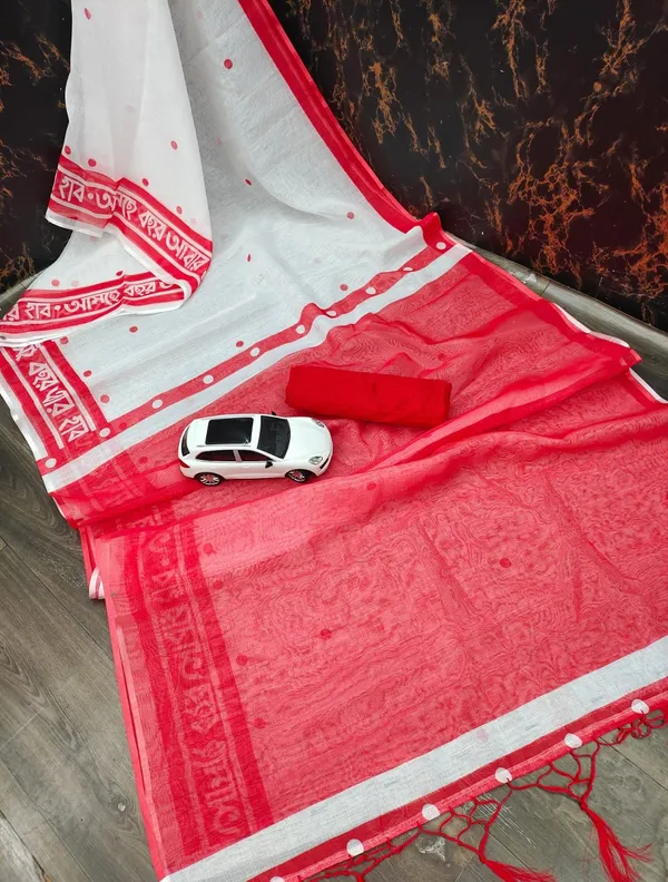 RED_&_WHITE_Colour__soft_linen_cotton_saree_With_Beautiful_Blouse