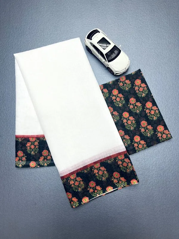 PREMIUM_WHITE_Colour__soft_linen_cotton_saree_With_Beautiful_Blouse