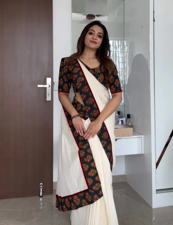 PREMIUM_WHITE_Colour__soft_linen_cotton_saree_With_Beautiful_Blouse