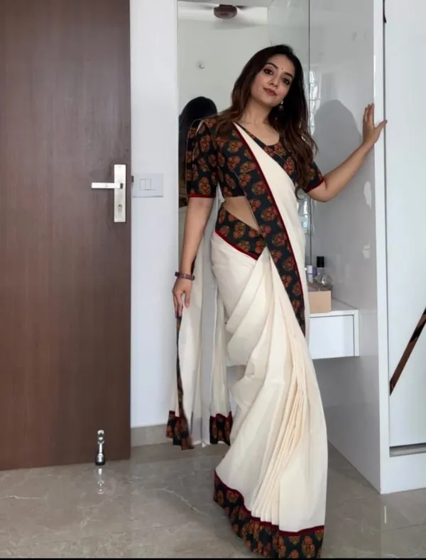 PREMIUM_WHITE_Colour__soft_linen_cotton_saree_With_Beautiful_Blouse