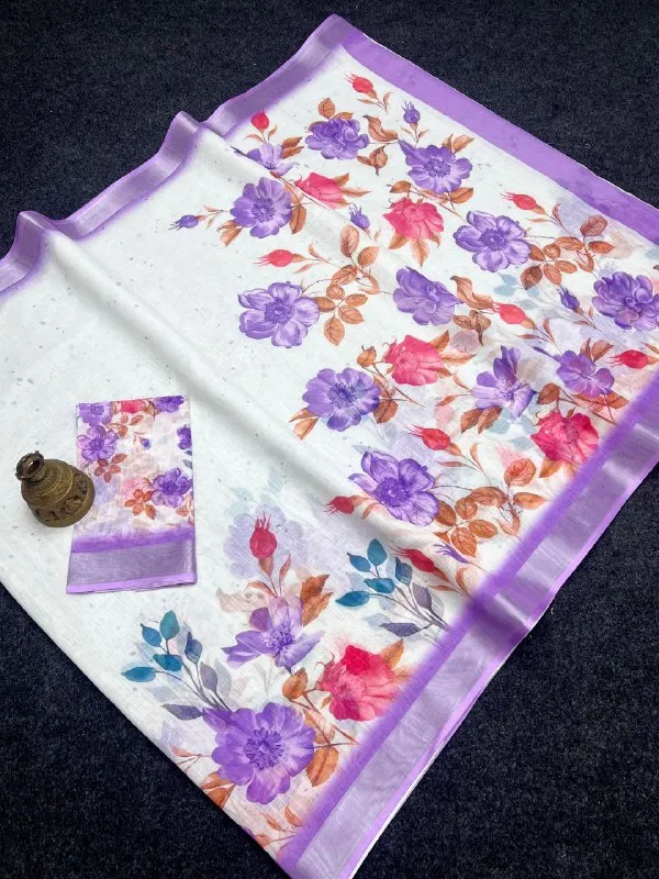 White_&_Purple_Premium_Soft_linen_Cotton_Saree_For_Women