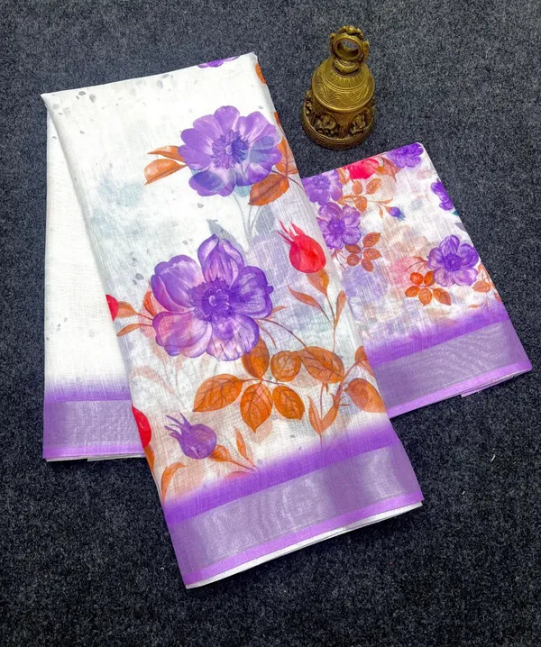 White_&_Purple_Premium_Soft_linen_Cotton_Saree_For_Women