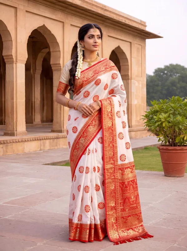 White_&_Red_Banarasi_Silk_Saree_Premium_Quality