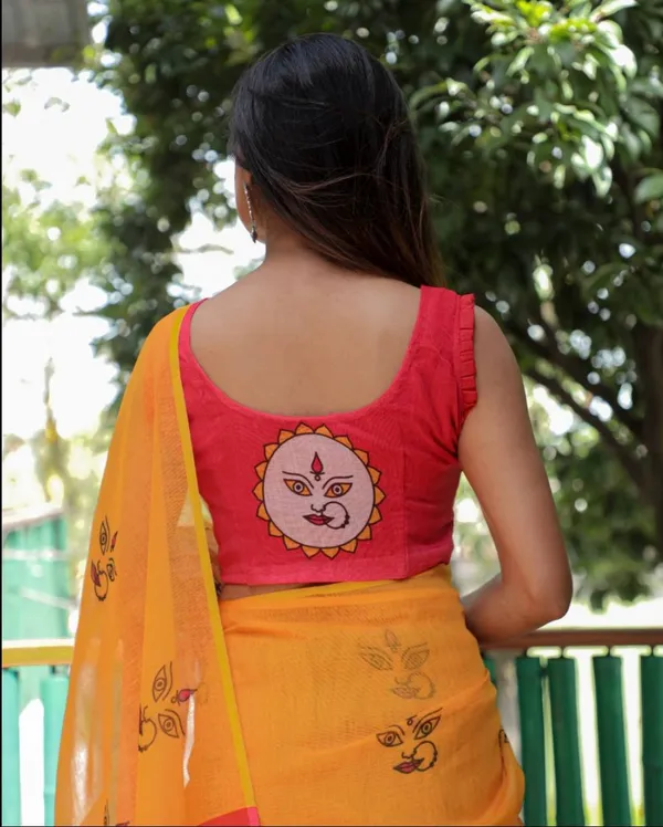 RED_&_YELLOW_Colour__soft_linen_cotton_saree_With_Beautiful_Blouse