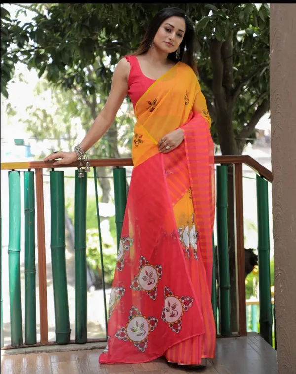 RED_&_YELLOW_Colour__soft_linen_cotton_saree_With_Beautiful_Blouse