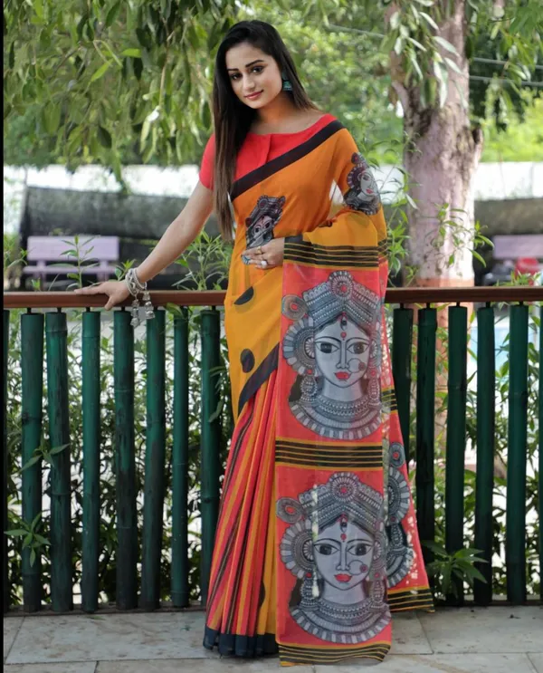 RED_&_Yellow_Colour__soft_linen_cotton_saree_With_Beautiful_Blouse