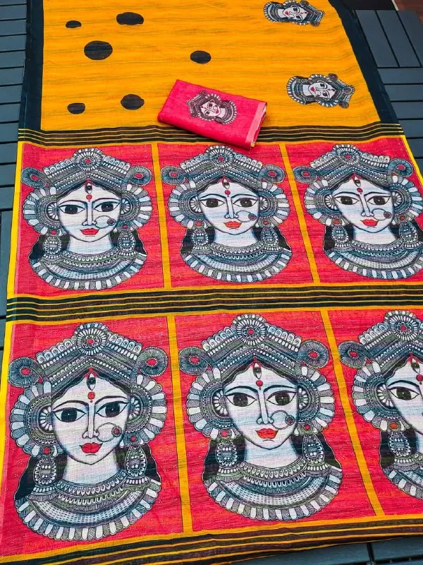RED_&_Yellow_Colour__soft_linen_cotton_saree_With_Beautiful_Blouse