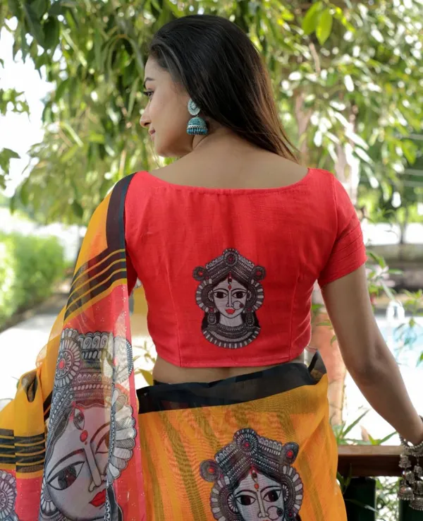 RED_&_Yellow_Colour__soft_linen_cotton_saree_With_Beautiful_Blouse