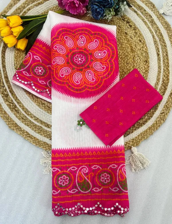 White_&_Pink_Premium_Soft_linen_Cotton_Saree_For_Women