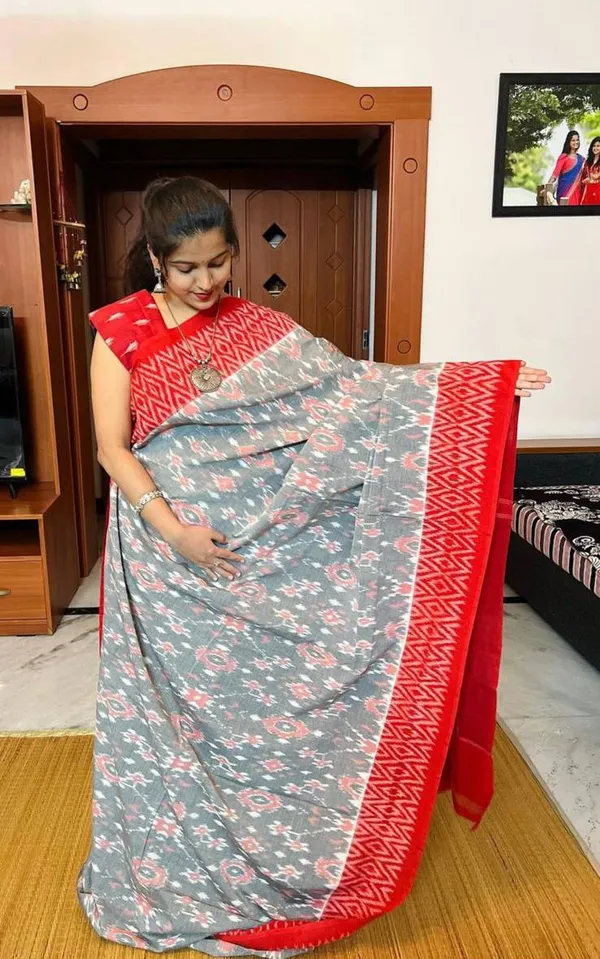 Mix_Red_&_Grey_Premium_Linen_Cotton_Saree_With_Blouse_For_Women