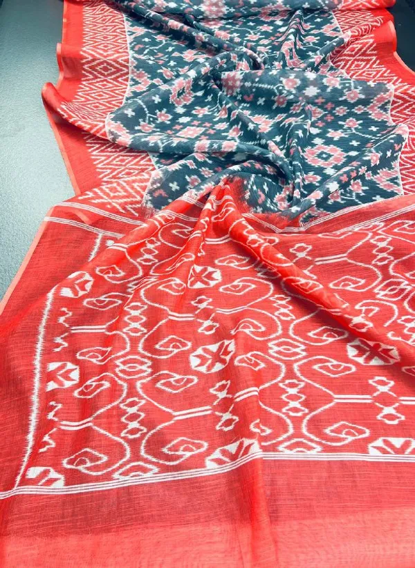 Mix_Red_&_Grey_Premium_Linen_Cotton_Saree_With_Blouse_For_Women