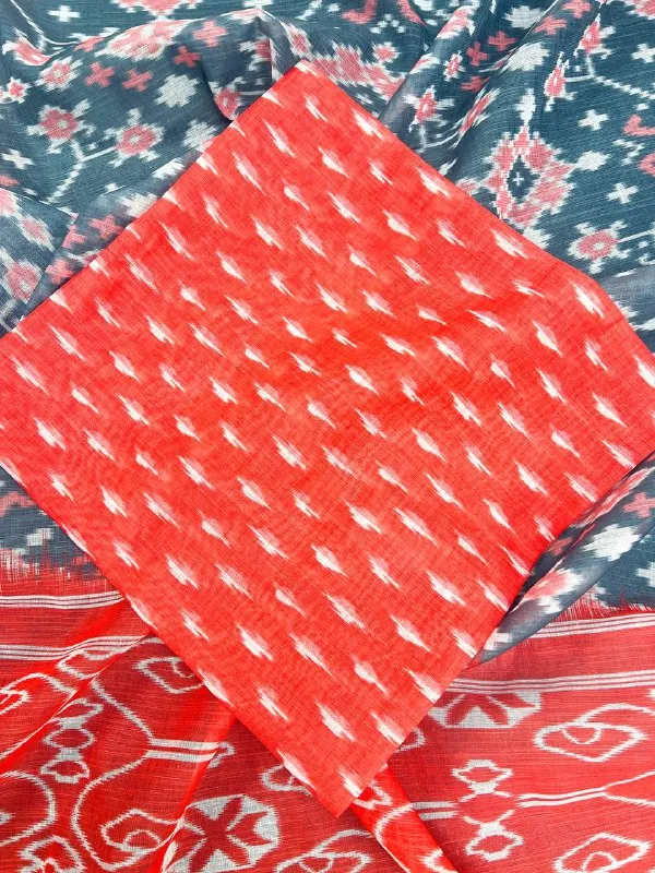 Mix_Red_&_Grey_Premium_Linen_Cotton_Saree_With_Blouse_For_Women