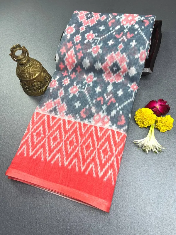 Mix_Red_&_Grey_Premium_Linen_Cotton_Saree_With_Blouse_For_Women