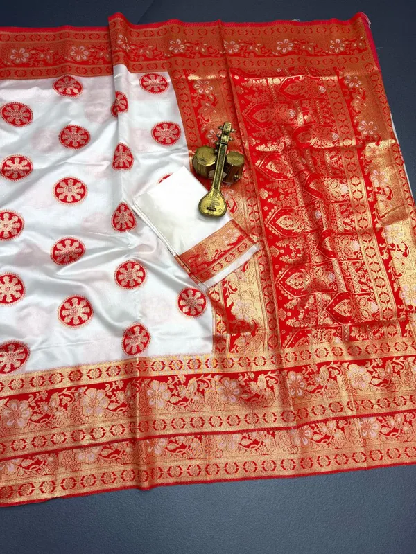 White_&_Red_Banarasi_Silk_Saree_Premium_Quality
