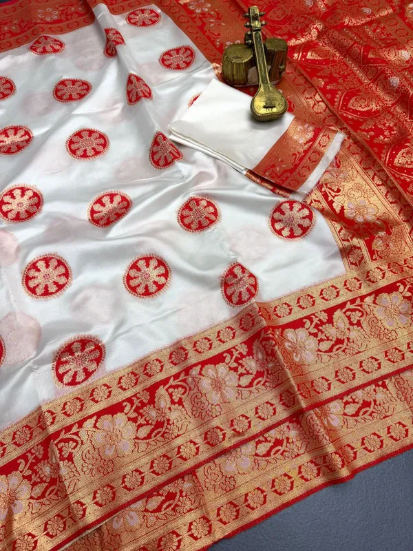 White_&_Red_Banarasi_Silk_Saree_Premium_Quality