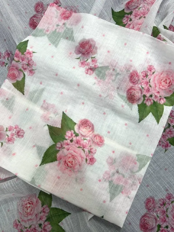 White_&_Flowery_Pink_Premium_Linen_Cotton_Saree_With_Blouse_For_Women