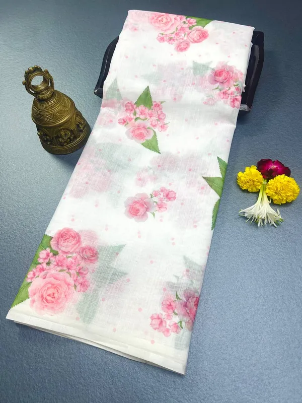 White_&_Flowery_Pink_Premium_Linen_Cotton_Saree_With_Blouse_For_Women