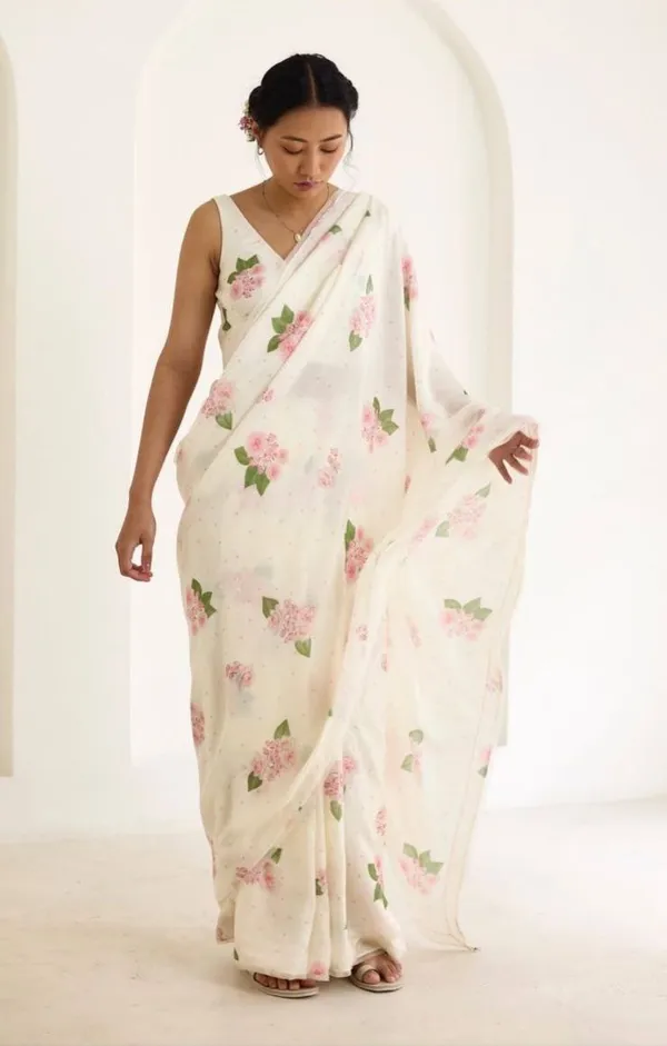 White_&_Flowery_Pink_Premium_Linen_Cotton_Saree_With_Blouse_For_Women