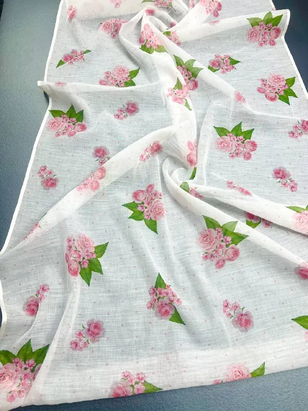 White_&_Flowery_Pink_Premium_Linen_Cotton_Saree_With_Blouse_For_Women