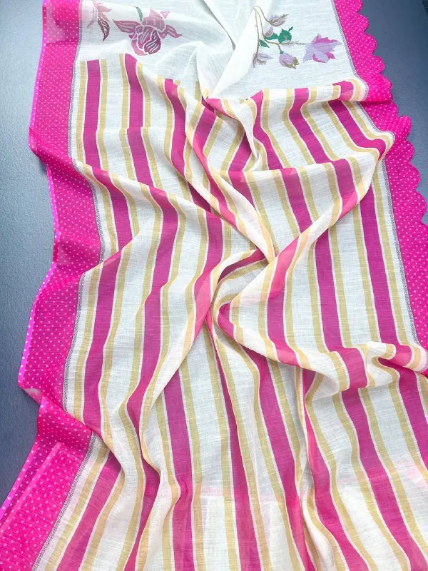 Cream_&_Pink_Premium_Linen_Cotton_Saree_With_Cut_Work_Border_With_Blouse_For_Women