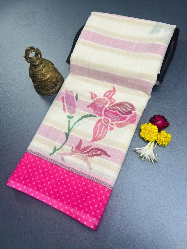 Cream_&_Pink_Premium_Linen_Cotton_Saree_With_Cut_Work_Border_With_Blouse_For_Women