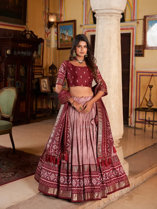 Maroon_Art_Silk_Printed__Lehenga,_Blouse_&_Dupatta_For_Women