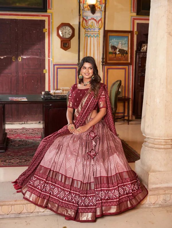 Maroon_Art_Silk_Printed__Lehenga,_Blouse_&_Dupatta_For_Women