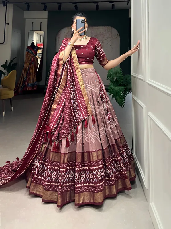 Maroon_Art_Silk_Printed__Lehenga,_Blouse_&_Dupatta_For_Women