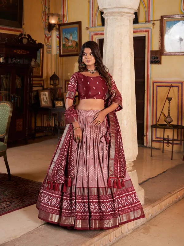 Maroon_Art_Silk_Printed__Lehenga,_Blouse_&_Dupatta_For_Women