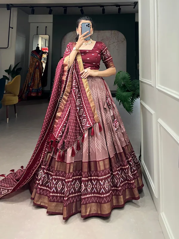 Maroon_Art_Silk_Printed__Lehenga,_Blouse_&_Dupatta_For_Women