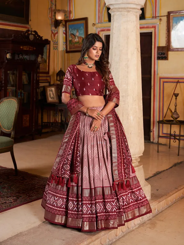 Maroon_Art_Silk_Printed__Lehenga,_Blouse_&_Dupatta_For_Women
