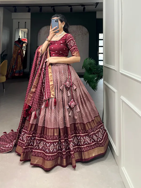 Maroon_Art_Silk_Printed__Lehenga,_Blouse_&_Dupatta_For_Women
