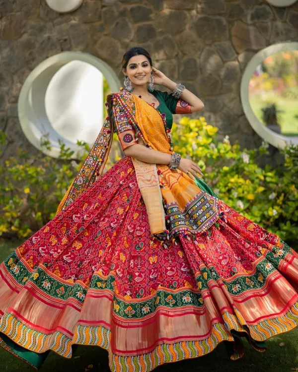 Choli_And_Lehenga_Red_Green_Butter_Silk_Fabric_Dola_Silk_Lehenga_Choli_With_Mirror_Work_And_Attached_Yellow_Dupatta