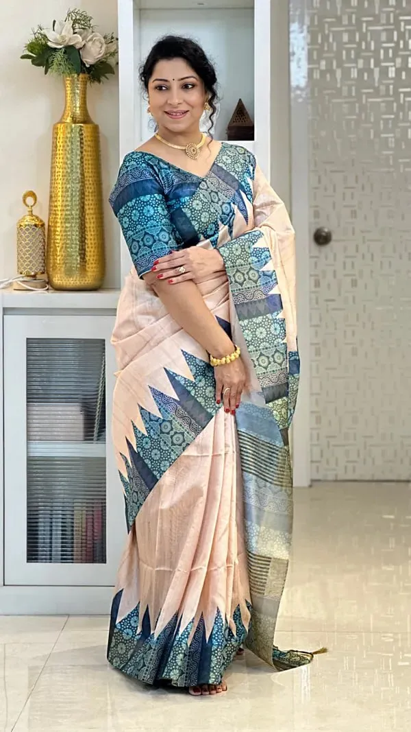 Soft_Tussar_Silk_sarees_with_Beautiful_Digital_Print_With_Attractive_Checks_Design_Saree_And_Digital_Print_Blouse_With_Tassels