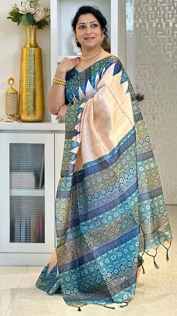 Soft_Tussar_Silk_sarees_with_Beautiful_Digital_Print_With_Attractive_Checks_Design_Saree_And_Digital_Print_Blouse_With_Tassels