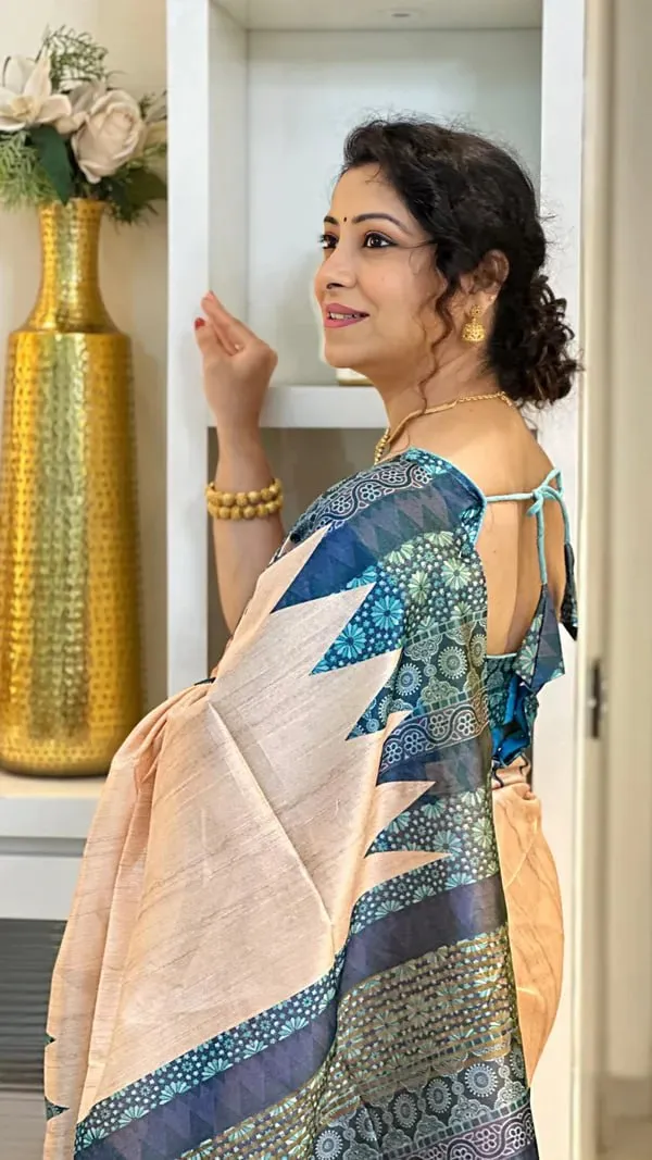 Soft_Tussar_Silk_sarees_with_Beautiful_Digital_Print_With_Attractive_Checks_Design_Saree_And_Digital_Print_Blouse_With_Tassels
