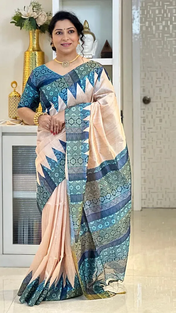 Soft_Tussar_Silk_sarees_with_Beautiful_Digital_Print_With_Attractive_Checks_Design_Saree_And_Digital_Print_Blouse_With_Tassels