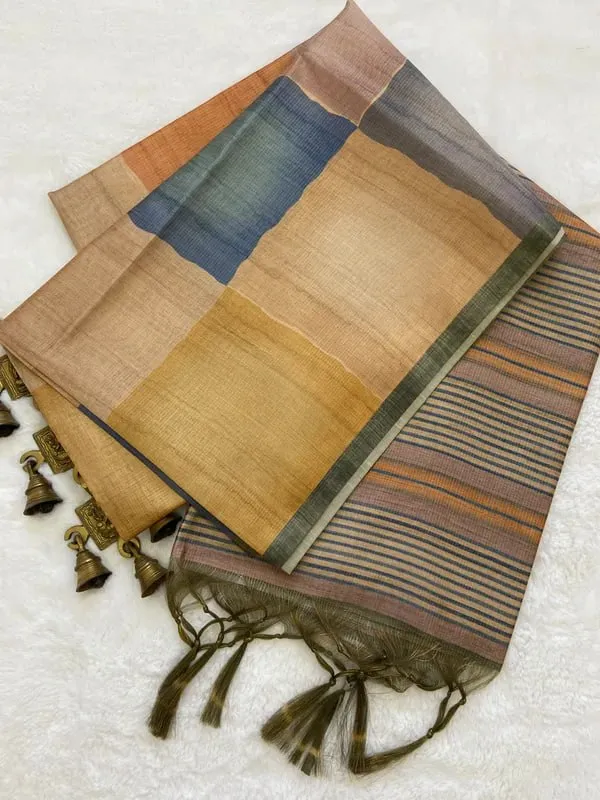 Soft_Tussar_Silk_sarees_with_Beautiful_Digital_Print_With_Attractive_Checks_Design_Saree_And_Digital_Print_Blouse_With_Tassels