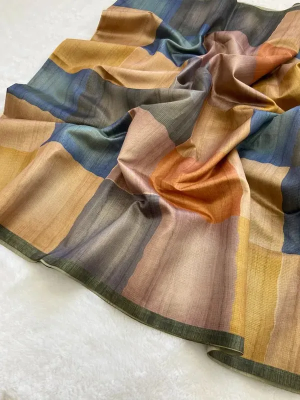 Soft_Tussar_Silk_sarees_with_Beautiful_Digital_Print_With_Attractive_Checks_Design_Saree_And_Digital_Print_Blouse_With_Tassels
