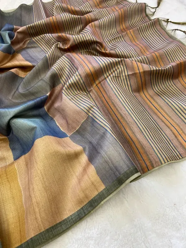 Soft_Tussar_Silk_sarees_with_Beautiful_Digital_Print_With_Attractive_Checks_Design_Saree_And_Digital_Print_Blouse_With_Tassels