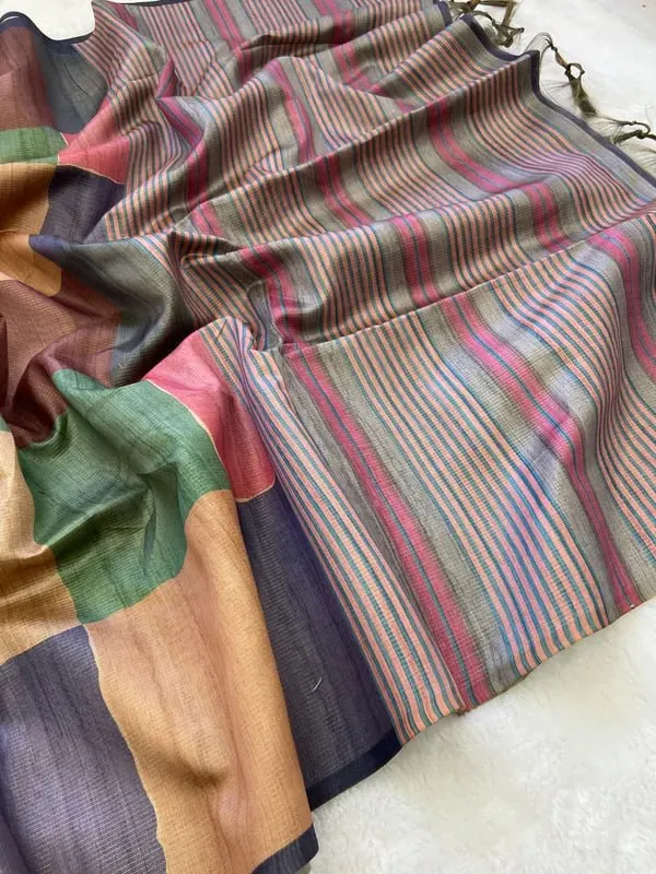 Soft_Tussar_Silk_sarees_with_Beautiful_Digital_Print_With_Attractive_Checks_Design_Saree_And_Digital_Print_Blouse_With_Tassels