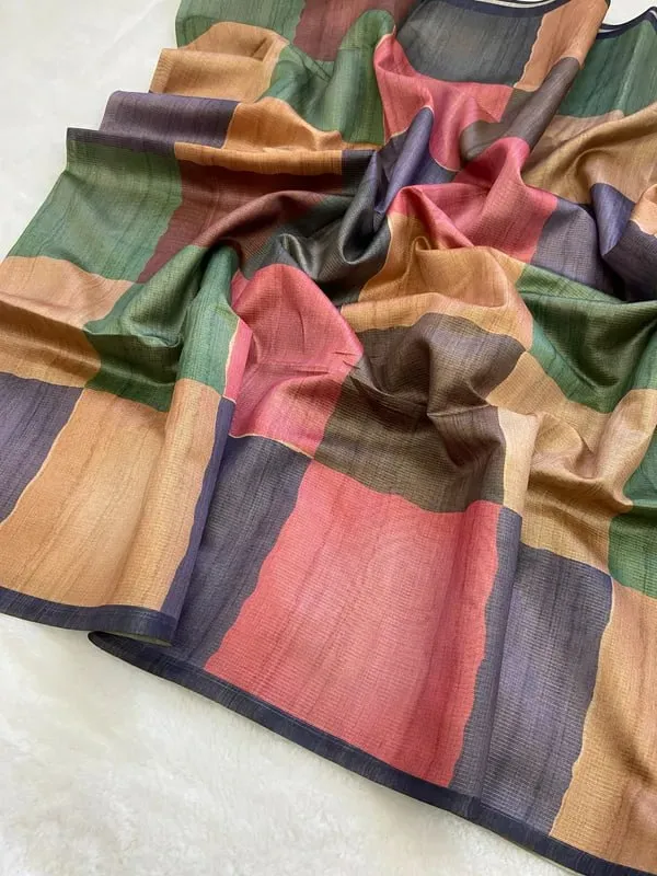 Soft_Tussar_Silk_sarees_with_Beautiful_Digital_Print_With_Attractive_Checks_Design_Saree_And_Digital_Print_Blouse_With_Tassels