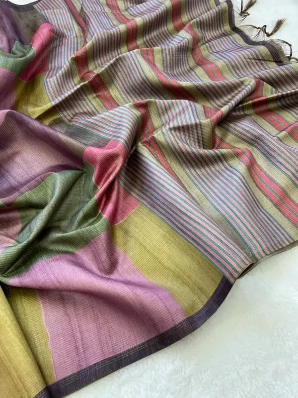 Soft_Tussar_Silk_sarees_with_Beautiful_Digital_Print_With_Attractive_Checks_Design_Saree_And_Digital_Print_Blouse_With_Tassels